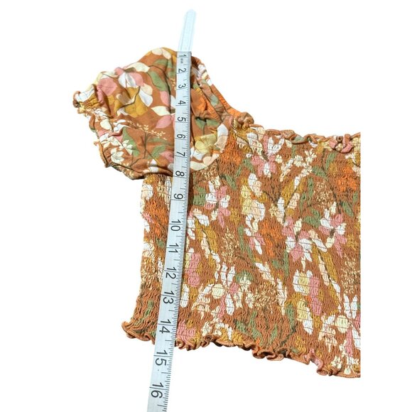 Aerie Peasant Square Neck Smocked Top With Floral Pattern & Puff Sleeves Size L - Picture 4 of 6